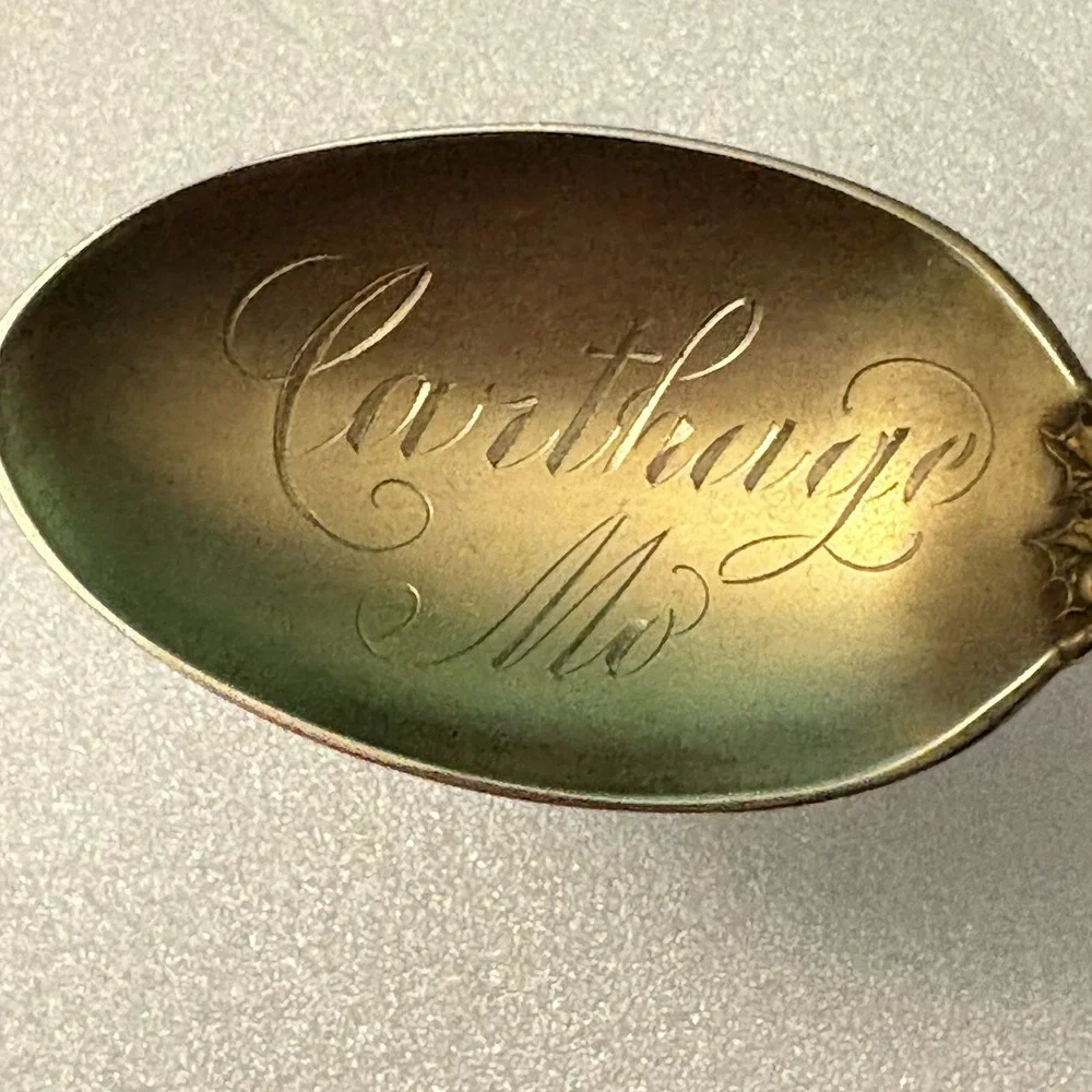 VTG Sterling Silver Spoon Carthage MO Souvenir Gold Wash Holly Leaves Berries